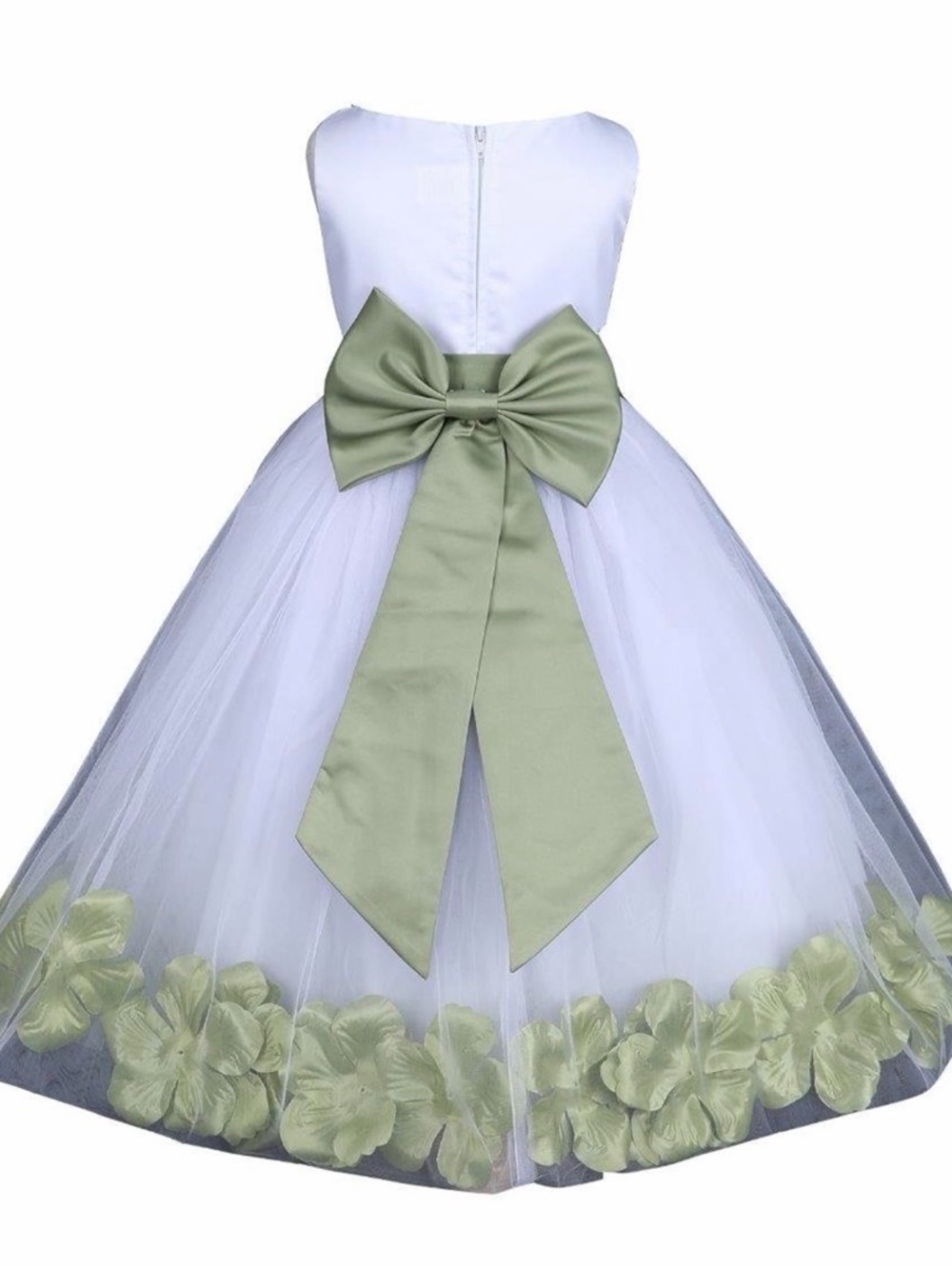 White Flower Trim Tulle Girls' Formal Dress With Sage Green Bow
